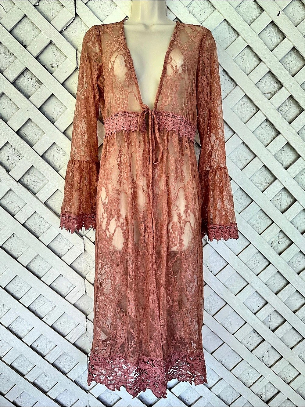 Polly & Esther Floral Lace Kimono Duster Bell Sleeves Medium Boho Coverup